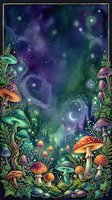 Enchanted forest scene with whimsical mushrooms, glowing orbs, and crescent moon against starry night sky. Magical woodland landscape with vibrant flora and fauna for fantasy art, book illustrations, and mystical designs.