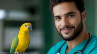 Young male veterinarian in teal scrubs smiling while examining bright yellow and green parrot in modern clinic setting, representing pet care and exotic animal medicine.