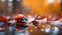 Ladybug walking on water surface with reflection, water drops and bokeh lights creating magical atmosphere in orange and red tones. Macro nature photography.