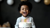 Joyful African American child laughing with birthday cake and lit candles against dark background with bokeh lights. Celebration and childhood moments.