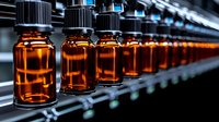 Amber glass bottles on automated pharmaceutical production line. Row of medical vials with black caps moving along conveyor system in modern manufacturing facility.