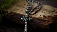 Gothic silver cross pendant with ornate details on dark chain against rustic wooden background, dramatic lighting highlights metalwork craftsmanship.