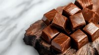 Artisanal milk chocolate squares with textured surface arranged on dark wooden board, macro shot showing rich detail and glossy finish. Food photography.