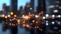 Glowing financial chart overlay on blurred urban nighttime cityscape with bokeh lights reflecting on water surface, showing market growth and analysis.