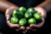 Fresh green cucumbers in cupped hands against dark background, selective focus on organic produce creates dramatic food photography composition.