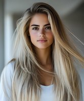 Young woman with long blonde ombre hair and natural makeup wearing white top, looking directly at camera with confident expression against blurred background.