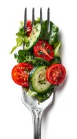 Fresh mixed salad with cherry tomatoes, cucumber and greens on fork isolated on white background for healthy eating and diet concepts.