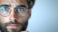 Bearded Caucasian man with striking blue eyes wearing round glasses gazes intensely at camera against soft blue background, creating dramatic portrait.