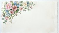Floral corner arrangement with pink roses, blue hydrangeas, and eucalyptus leaves on cream background for wedding invitations and greeting cards.