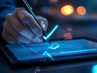 Hand holding digital pen over tablet screen with glowing blue light effects and bokeh background, creating futuristic technological atmosphere for business concept.