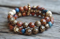 Handcrafted ethnic bracelet with ornate beads in brown, blue and cream colors on wooden background, featuring detailed carved patterns and spiritual motifs.