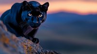 Majestic black panther with piercing blue eyes perched on rocky cliff during dramatic sunset twilight hour creating powerful wildlife portrait for nature photography.