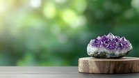 Raw amethyst crystal cluster on wooden slice against blurred green nature background, showcasing natural purple gemstone formation with crystalline points.