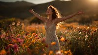 Young woman with arms outstretched in white dress standing among wildflowers at golden hour sunset in mountain meadow.