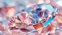 Sparkling diamond macro with brilliant facets reflecting pink and blue light, crystal clear gemstone with precise cut showing luxury brilliance and fire effects.