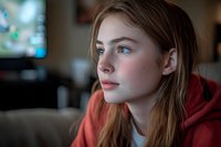 Young Caucasian woman with blue eyes and blonde hair wearing red hoodie looking away pensively in soft natural window light, moody atmospheric portrait.