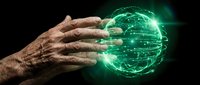 Elderly hands reaching toward glowing green digital sphere with network connections representing technology, artificial intelligence and future innovation.