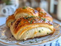 Flaky golden-brown pastries filled with soft cheese and topped with fresh herbs on decorative plate, close-up view showing layered buttery texture and glossy finish.
