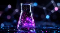 Glowing laboratory flask with purple luminescent liquid and network connections against dark background with blue bokeh lights, science concept.