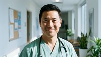 Asian male doctor in green scrubs smiling confidently in modern hospital corridor with stethoscope around neck for healthcare and medical profession concepts.