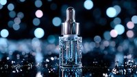 Glass dropper bottle with blue liquid and sparkling bokeh lights on dark background creates luxurious cosmetic product atmosphere for beauty and skincare advertising.