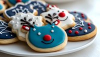 Festive decorated sugar cookies featuring reindeer and winter designs with royal icing in blue, white, and red colors on white plate. Holiday baking and dessert.