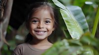 Smiling Asian girl with dark hair in natural tropical setting surrounded by green palm leaves and foliage, expressing joy and innocence in casual attire.