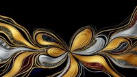 Abstract golden and silver flowing ribbons creating dynamic swirls and curves on black background for luxury design projects and modern artistic compositions.