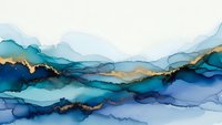 Abstract fluid art with flowing blue and gold ink creating organic mountain-like formations on textured paper background for modern interior design.
