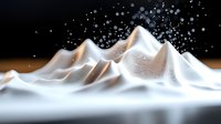 Snowy mountain peaks against dark sky with falling snowflakes creating magical winter atmosphere. Dramatic lighting highlights white ridges and valleys.