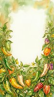 Watercolor garden frame with hand-drawn vegetables and flowering plants surrounding white center space, ideal for menu design, recipe cards, and culinary branding projects.