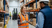 Young blonde woman warehouse worker in safety vest discussing logistics with male colleague in modern distribution center facility.