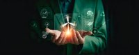 Professional in green shirt holding glowing lightbulb with floating innovation icons representing creative business solutions and technological advancement.
