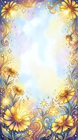 Watercolor floral frame with golden daisies and ornate swirls on pastel background for invitations, greeting cards, and decorative designs.