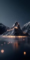 Majestic mountain peak illuminated by glowing lights against starry night sky, reflecting in calm water with floating bokeh orbs creating dreamy atmosphere.
