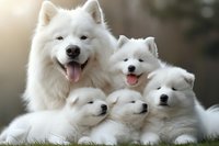 Fluffy white Samoyed dog family with mother and puppies resting on grass, showcasing happy expressions and gentle nature perfect for pet care advertising.