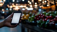 Hand holding smartphone with blank white screen at night market with colorful bokeh lights in background for mobile app mockup and digital display.
