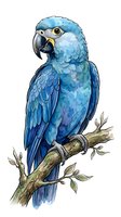 Blue macaw parrot perched on wooden branch with leaves, isolated on white background. Watercolor style artwork suitable for clipart, t-shirt design, and educational materials.