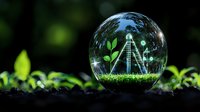 Crystal ball on dark soil reveals miniature green plant and glowing ladder, surrounded by natural foliage, representing growth and aspirations in nature setting.