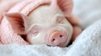Adorable sleeping piglet wrapped in soft pink blanket, close-up view showing peaceful expression and delicate features against cozy white bedding.