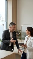 Two professionals engaged in discussion at modern office desk, man with salt-and-pepper hair wearing dark blazer gesturing while speaking, woman with long dark hair in cream blazer holding tablet, bright contemporary workspace with natural light and minimalist decor.
