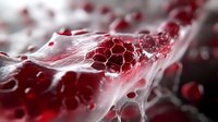 Red blood cells flowing through arteries with white fibrin mesh network, microscopic view showing circulatory system and blood clotting process in medical science.