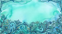 Turquoise watercolor background with ornamental floral border frame, isolated on white. Suitable for invitations, cards, web design, and decorative projects.