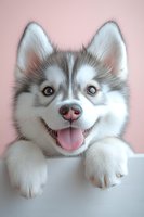 Adorable Siberian Husky puppy with bright eyes and pink tongue hanging out, paws resting on white surface against soft pink background, expressing happy playful mood.