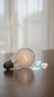 Glowing light bulb with colorful holographic icons representing innovation, sustainability and health on wooden surface for creative business concepts.