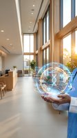 Healthcare professional holding holographic medical technology sphere with DNA and health icons in modern hospital lobby with natural lighting.