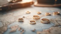 Gold wedding rings scattered on vintage world map, symbolizing travel, destination weddings, or international love stories.