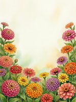 Watercolor zinnia garden border with colorful blooms in pink, orange, yellow and purple framing a soft cream background with copy space.