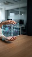 Hands holding holographic digital cube with data visualization and network connections in modern office environment for technology presentations.