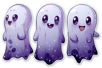 Cute kawaii ghost characters in purple gradient with sparkles and happy expressions, cartoon style illustration for Halloween designs and party decorations.